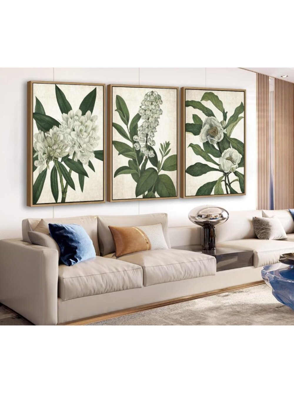 Large Framed Canvas Art - White Floral & Green Leaf Decor, 16x24x3 Inches